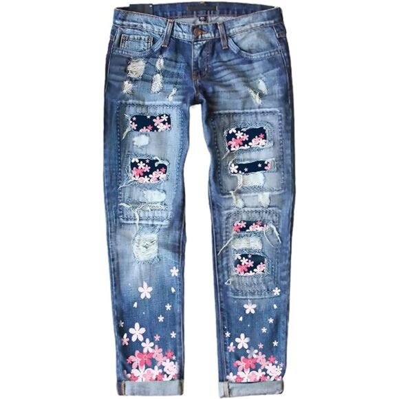 Women's Ripped Jeans Plaid Patch Boyfriend Skinny Distressed